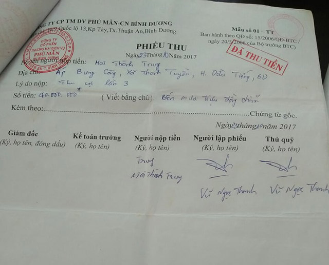 Biên lai hoá đơn có mộc đỏ giữa anh Trung và nhân viên Vũ Ngọc Thanh ký có  giao dịch tại công ty Phú Mẫn